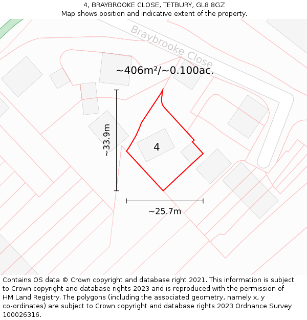 4, BRAYBROOKE CLOSE, TETBURY, GL8 8GZ: Plot and title map