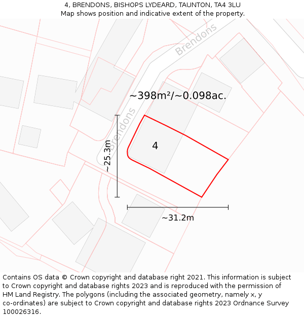 4, BRENDONS, BISHOPS LYDEARD, TAUNTON, TA4 3LU: Plot and title map