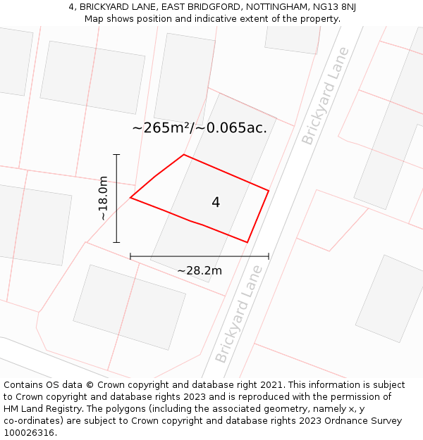 4, BRICKYARD LANE, EAST BRIDGFORD, NOTTINGHAM, NG13 8NJ: Plot and title map