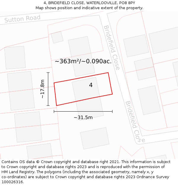 4, BRIDEFIELD CLOSE, WATERLOOVILLE, PO8 8PY: Plot and title map