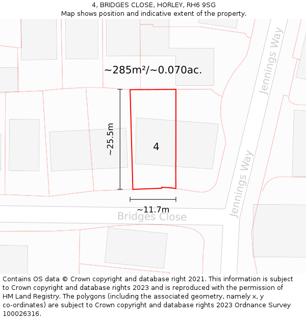 4, BRIDGES CLOSE, HORLEY, RH6 9SG: Plot and title map