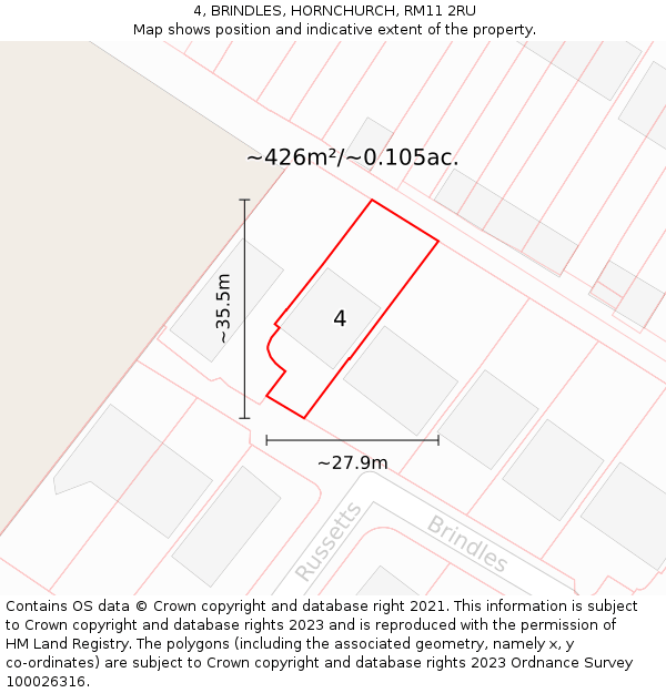 4, BRINDLES, HORNCHURCH, RM11 2RU: Plot and title map