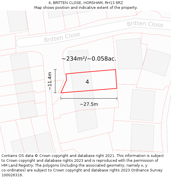 4, BRITTEN CLOSE, HORSHAM, RH13 6RZ: Plot and title map