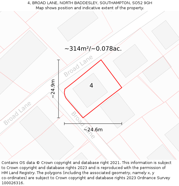 4, BROAD LANE, NORTH BADDESLEY, SOUTHAMPTON, SO52 9GH: Plot and title map