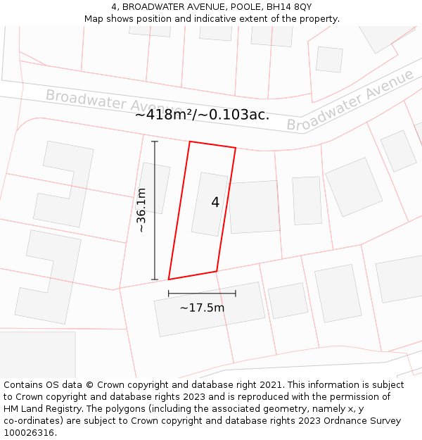 4, BROADWATER AVENUE, POOLE, BH14 8QY: Plot and title map