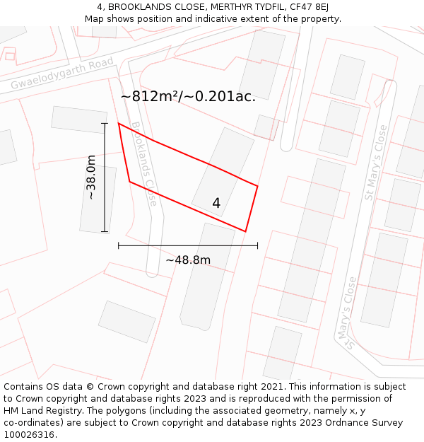 4, BROOKLANDS CLOSE, MERTHYR TYDFIL, CF47 8EJ: Plot and title map