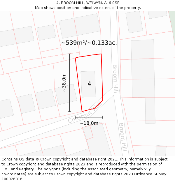 4, BROOM HILL, WELWYN, AL6 0SE: Plot and title map