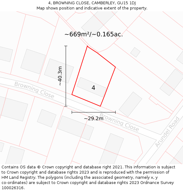 4, BROWNING CLOSE, CAMBERLEY, GU15 1DJ: Plot and title map