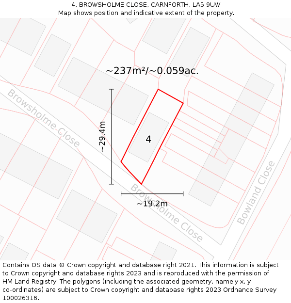 4, BROWSHOLME CLOSE, CARNFORTH, LA5 9UW: Plot and title map