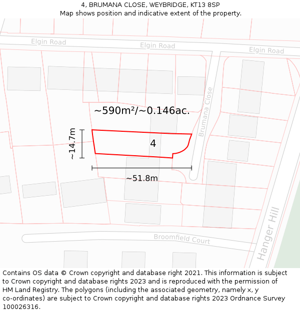 4, BRUMANA CLOSE, WEYBRIDGE, KT13 8SP: Plot and title map