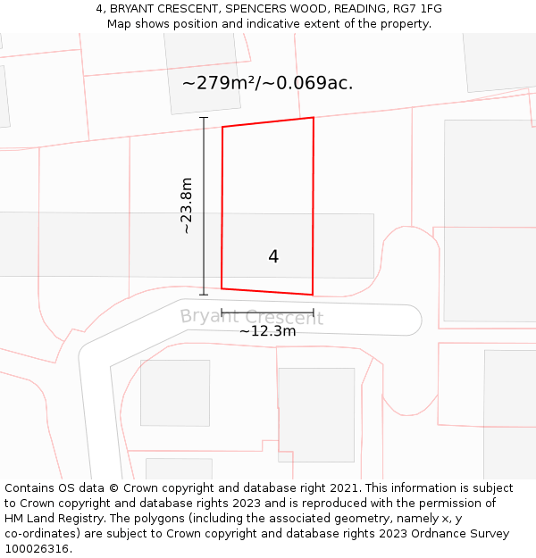 4, BRYANT CRESCENT, SPENCERS WOOD, READING, RG7 1FG: Plot and title map