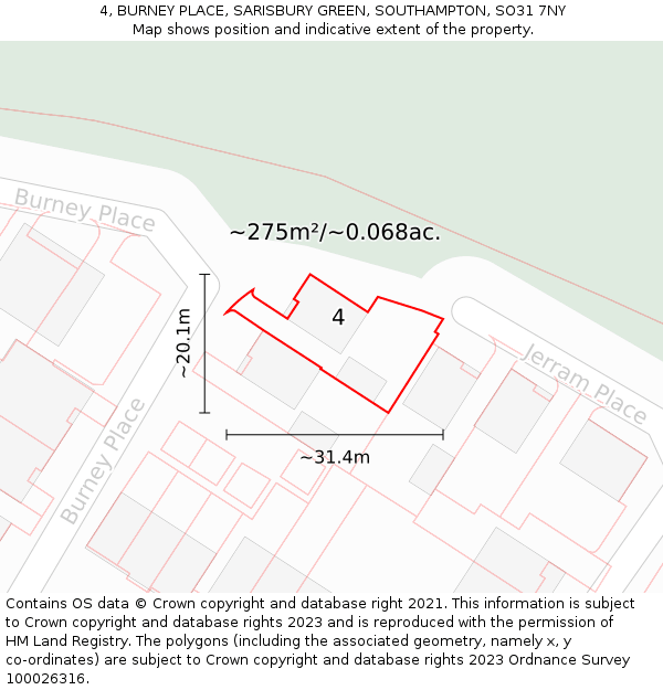 4, BURNEY PLACE, SARISBURY GREEN, SOUTHAMPTON, SO31 7NY: Plot and title map