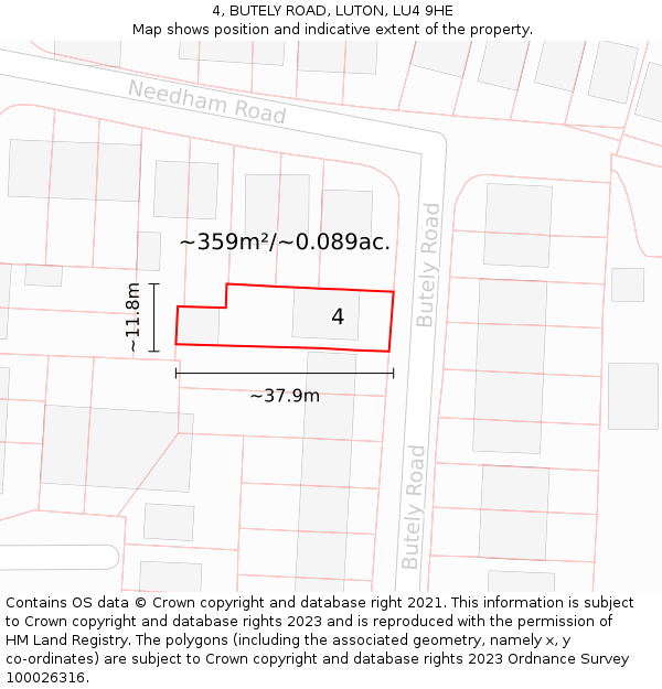 4, BUTELY ROAD, LUTON, LU4 9HE: Plot and title map