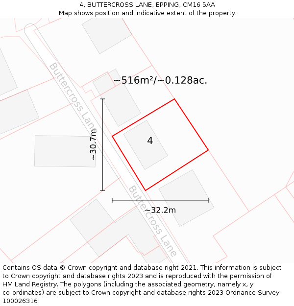 4, BUTTERCROSS LANE, EPPING, CM16 5AA: Plot and title map