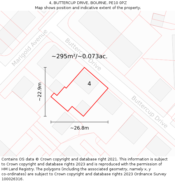 4, BUTTERCUP DRIVE, BOURNE, PE10 0PZ: Plot and title map