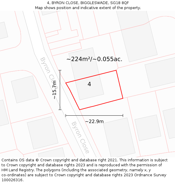 4, BYRON CLOSE, BIGGLESWADE, SG18 8QF: Plot and title map