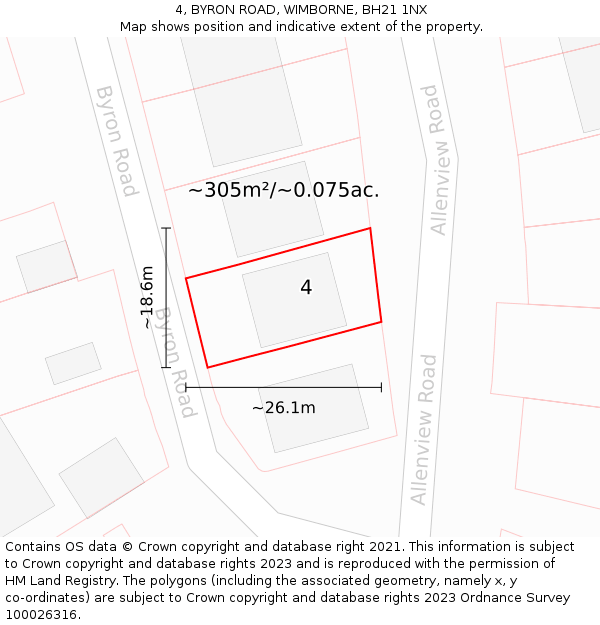 4, BYRON ROAD, WIMBORNE, BH21 1NX: Plot and title map