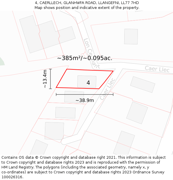 4, CAERLLECH, GLANHWFA ROAD, LLANGEFNI, LL77 7HD: Plot and title map