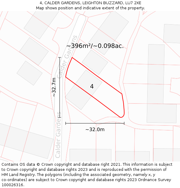 4, CALDER GARDENS, LEIGHTON BUZZARD, LU7 2XE: Plot and title map