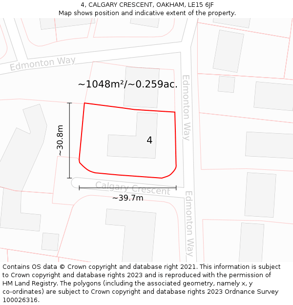 4, CALGARY CRESCENT, OAKHAM, LE15 6JF: Plot and title map