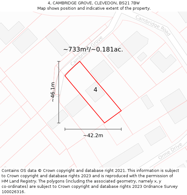 4, CAMBRIDGE GROVE, CLEVEDON, BS21 7BW: Plot and title map