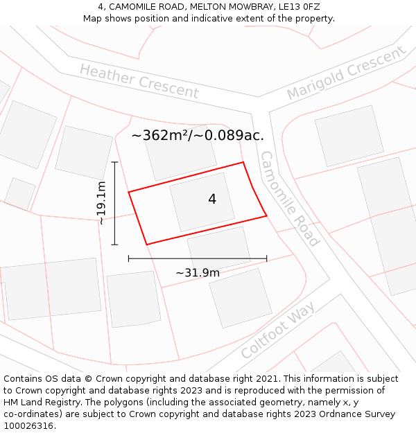 4, CAMOMILE ROAD, MELTON MOWBRAY, LE13 0FZ: Plot and title map