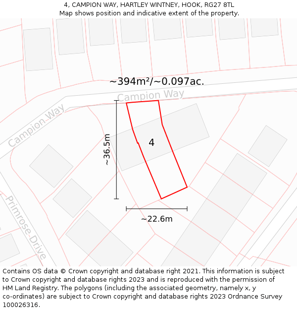 4, CAMPION WAY, HARTLEY WINTNEY, HOOK, RG27 8TL: Plot and title map