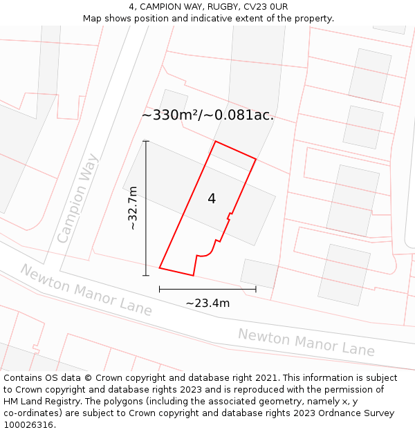 4, CAMPION WAY, RUGBY, CV23 0UR: Plot and title map