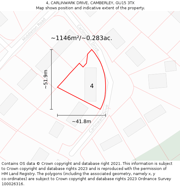 4, CARLINWARK DRIVE, CAMBERLEY, GU15 3TX: Plot and title map