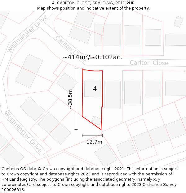 4, CARLTON CLOSE, SPALDING, PE11 2UP: Plot and title map