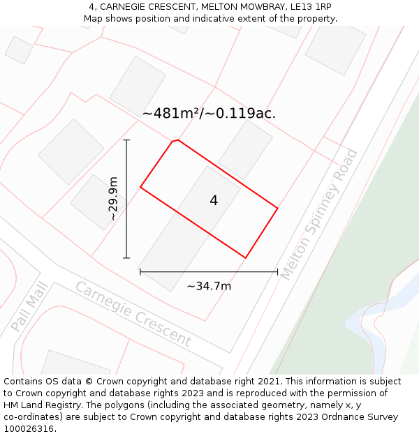 4, CARNEGIE CRESCENT, MELTON MOWBRAY, LE13 1RP: Plot and title map