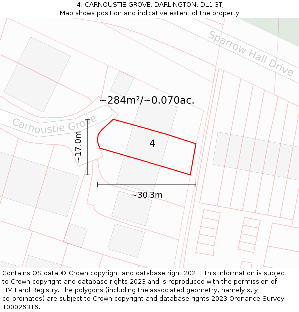 4, CARNOUSTIE GROVE, DARLINGTON, DL1 3TJ: Plot and title map