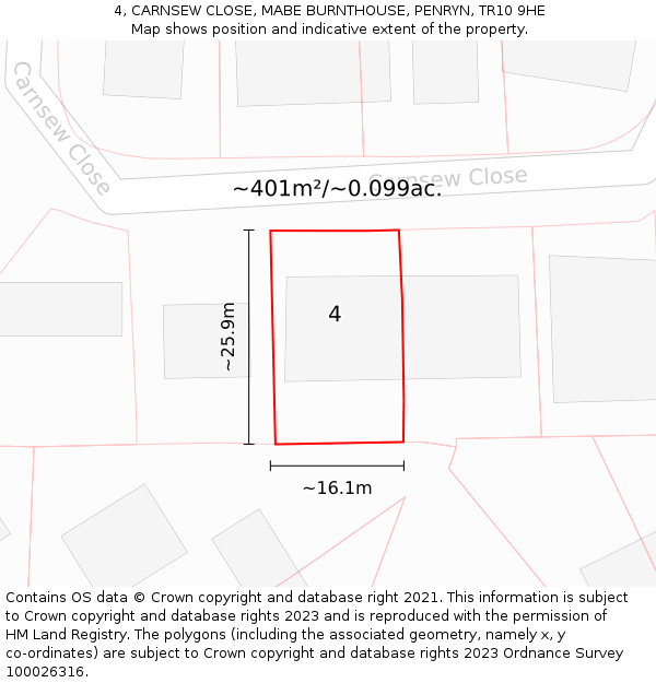 4, CARNSEW CLOSE, MABE BURNTHOUSE, PENRYN, TR10 9HE: Plot and title map