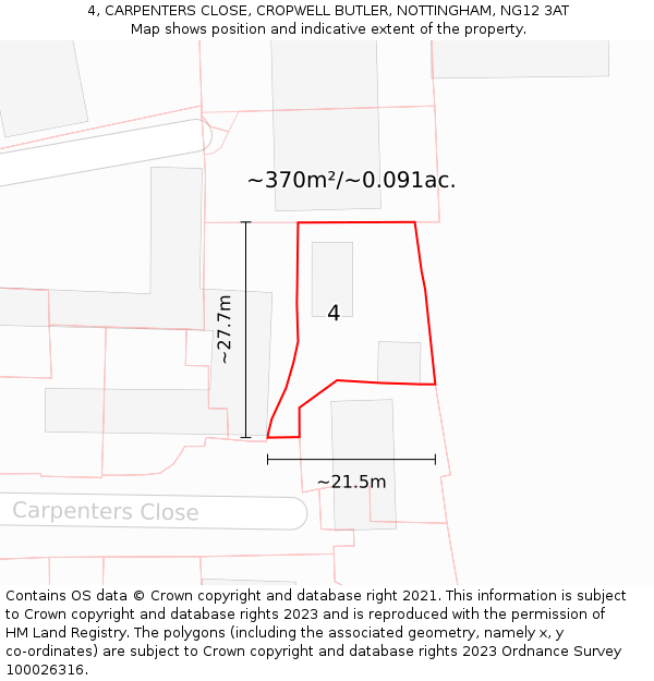 4, CARPENTERS CLOSE, CROPWELL BUTLER, NOTTINGHAM, NG12 3AT: Plot and title map