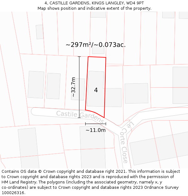 4, CASTILLE GARDENS, KINGS LANGLEY, WD4 9PT: Plot and title map