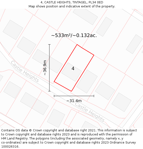 4, CASTLE HEIGHTS, TINTAGEL, PL34 0ED: Plot and title map