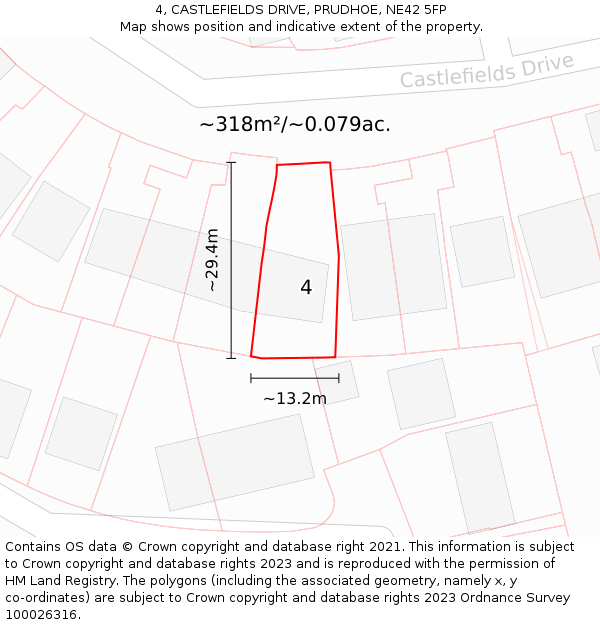 4, CASTLEFIELDS DRIVE, PRUDHOE, NE42 5FP: Plot and title map