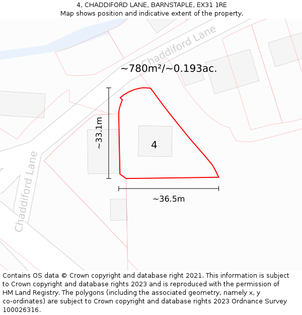 4, CHADDIFORD LANE, BARNSTAPLE, EX31 1RE: Plot and title map