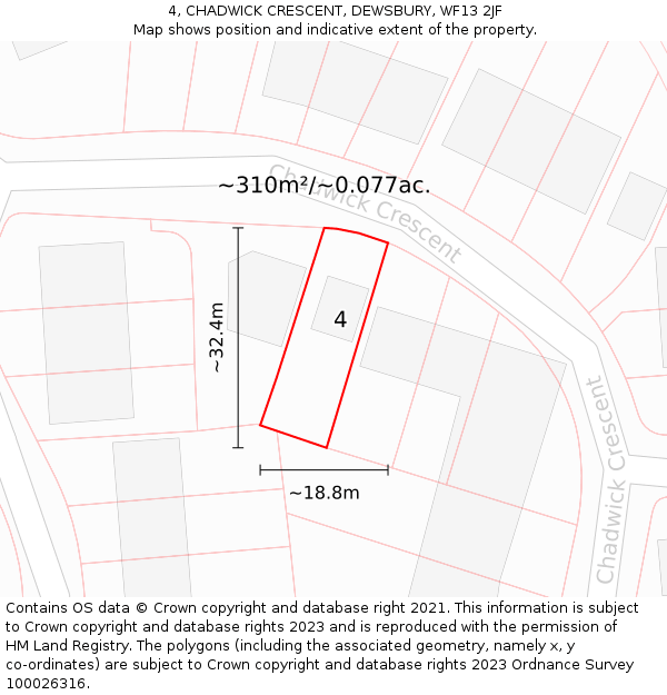 4, CHADWICK CRESCENT, DEWSBURY, WF13 2JF: Plot and title map