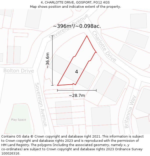 4, CHARLOTTE DRIVE, GOSPORT, PO12 4GS: Plot and title map