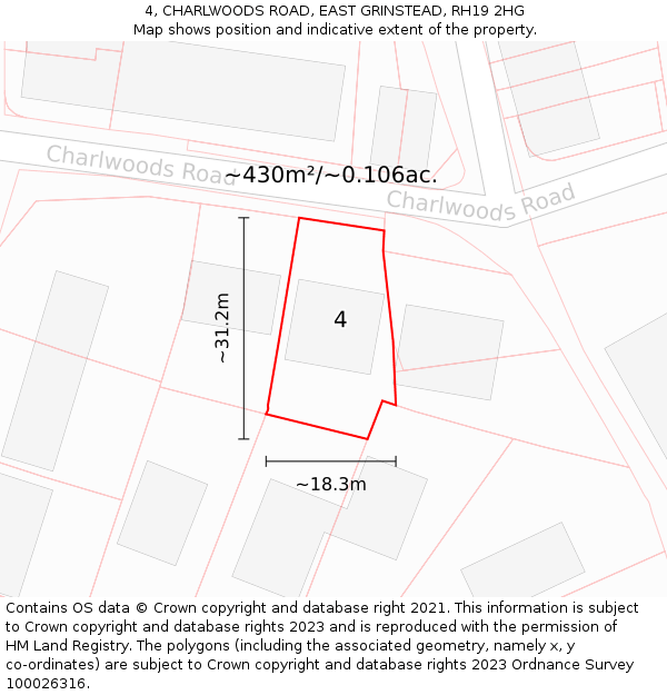 4, CHARLWOODS ROAD, EAST GRINSTEAD, RH19 2HG: Plot and title map