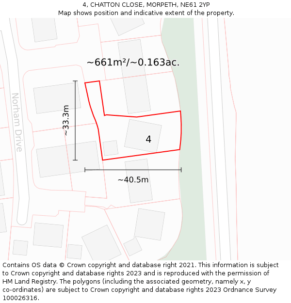 4, CHATTON CLOSE, MORPETH, NE61 2YP: Plot and title map