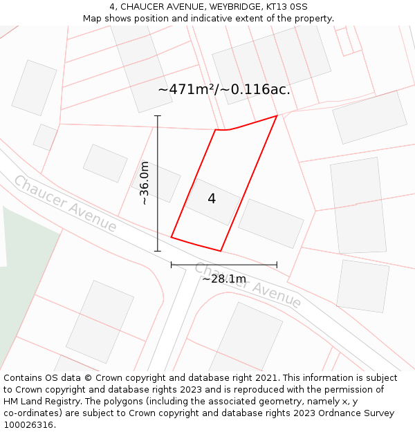 4, CHAUCER AVENUE, WEYBRIDGE, KT13 0SS: Plot and title map