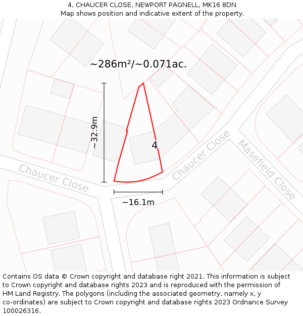 4, CHAUCER CLOSE, NEWPORT PAGNELL, MK16 8DN: Plot and title map