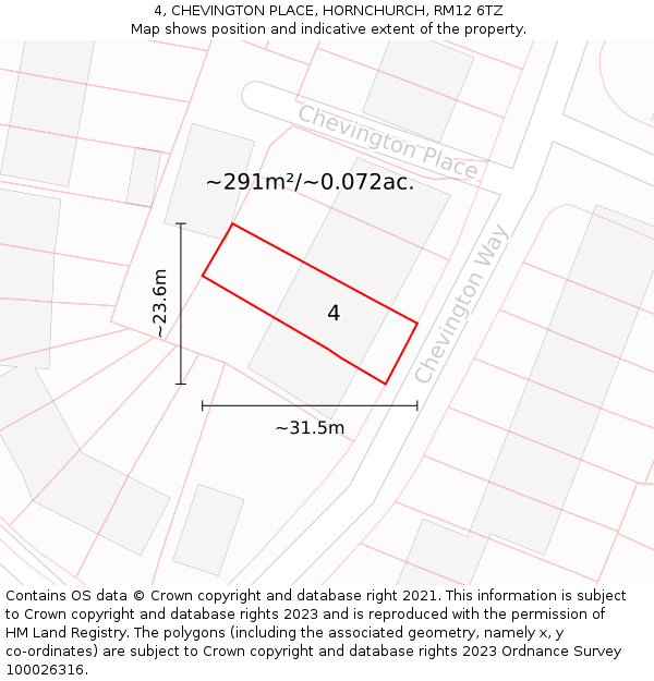 4, CHEVINGTON PLACE, HORNCHURCH, RM12 6TZ: Plot and title map