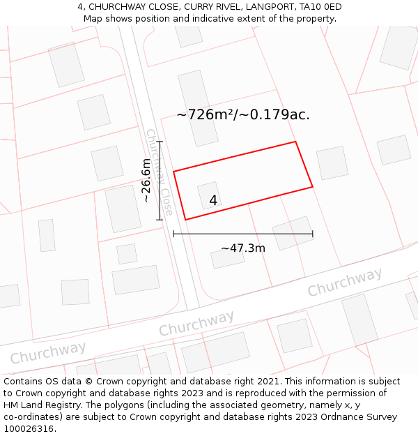 4, CHURCHWAY CLOSE, CURRY RIVEL, LANGPORT, TA10 0ED: Plot and title map