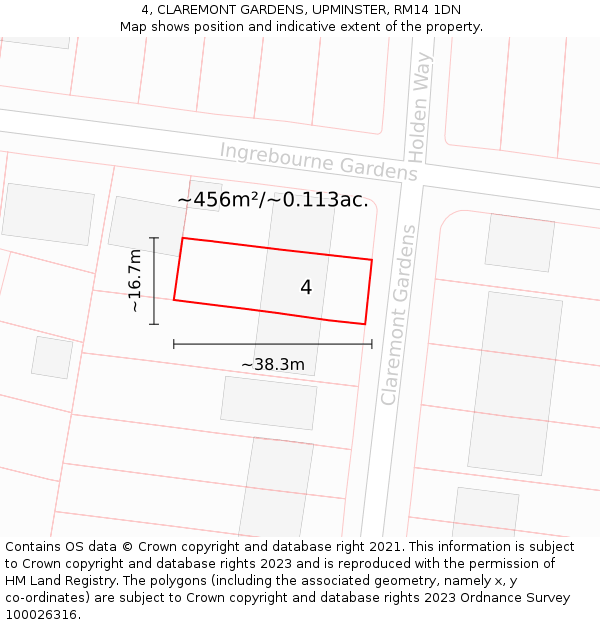 4, CLAREMONT GARDENS, UPMINSTER, RM14 1DN: Plot and title map