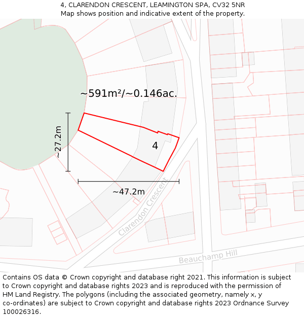 4, CLARENDON CRESCENT, LEAMINGTON SPA, CV32 5NR: Plot and title map