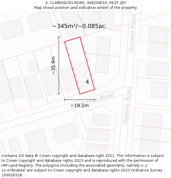 4, CLARENDON ROAD, SKEGNESS, PE25 2EY: Plot and title map