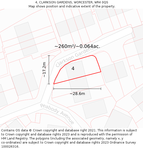 4, CLARKSON GARDENS, WORCESTER, WR4 0QS: Plot and title map